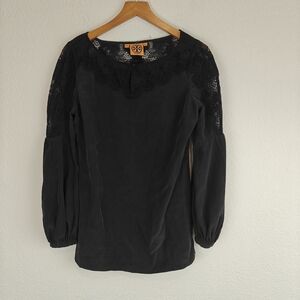Tory Burch Black Silk Lantern Sleeve Blouse | Lace Neckline Romantic Boho Top 6
